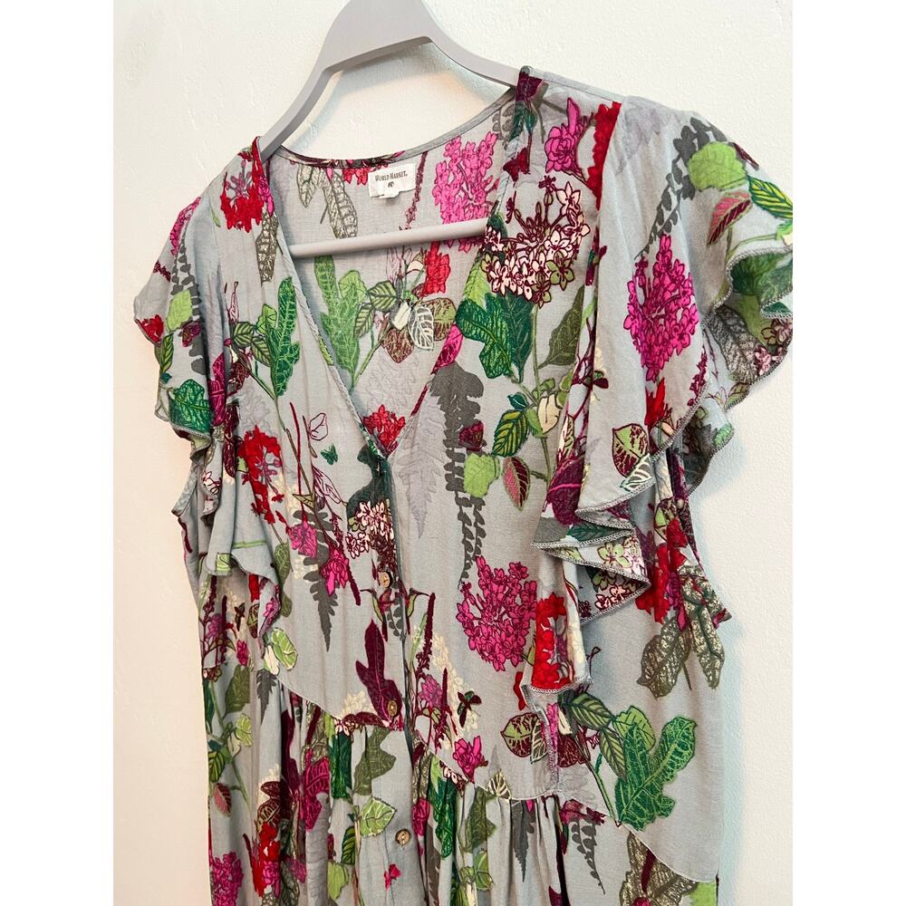 World Market Cost Plus Gray Floral Ruffle Sleeve Maxi House Dress Size: L/XL - Picture 5 of 6